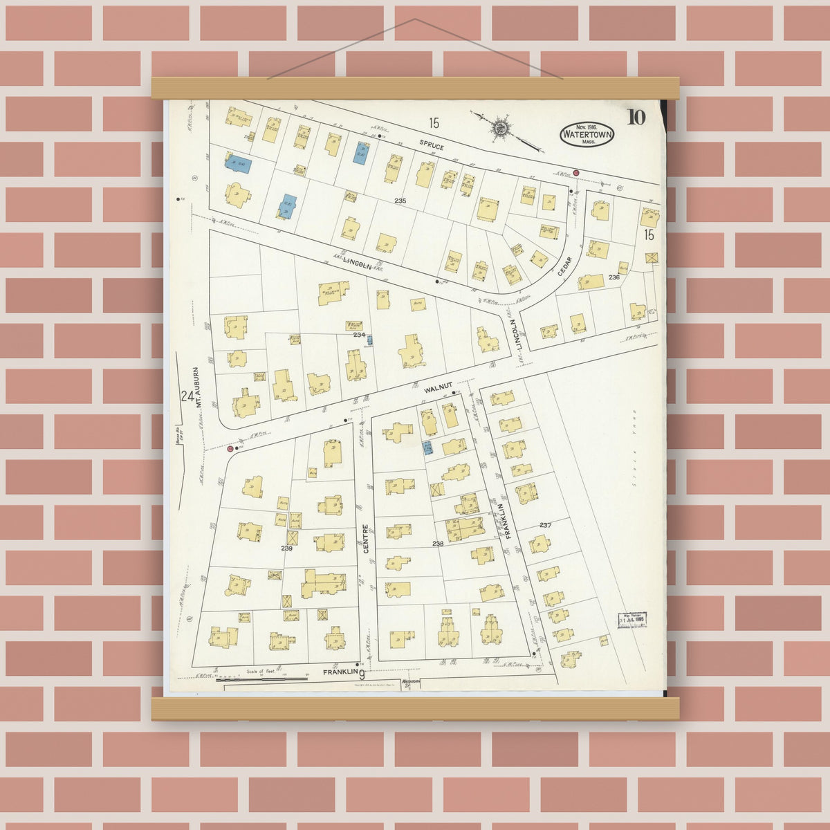 Old map wall art mockup — magnetic wood frame on brick wall — Sanborn Fire Insurance Map from Watertown, Middlesex County, Massachusetts (1916), Sheet #0010