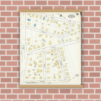 Old map wall art mockup — magnetic wood frame on brick wall — Sanborn Fire Insurance Map from Watertown, Middlesex County, Massachusetts (1916), Sheet #0010