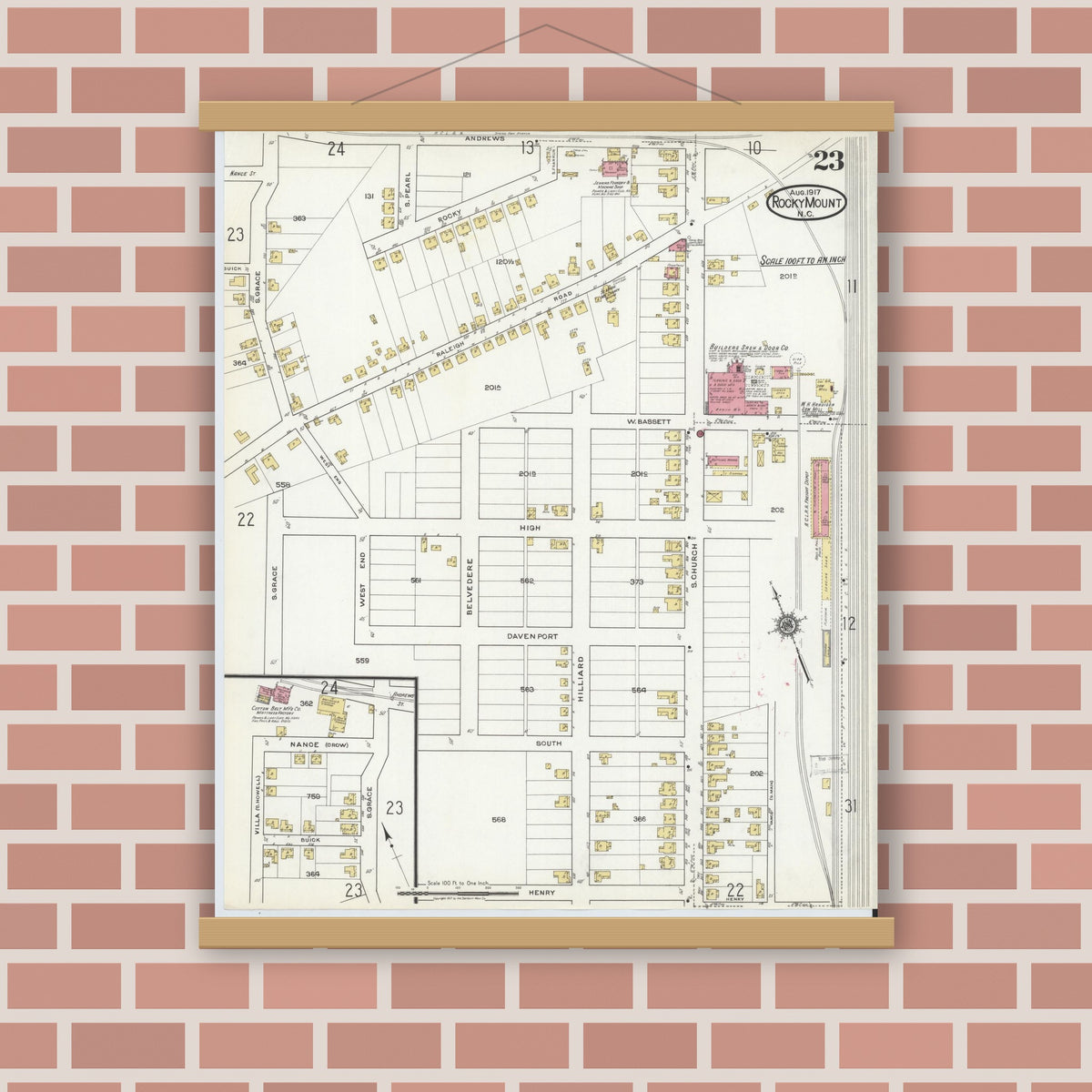 Old map wall art mockup — magnetic wood frame on brick wall — Sanborn Fire Insurance Map from Rocky Mount, Edgecombe And Nash Counties, North Carolina (1917), Sheet #0023
