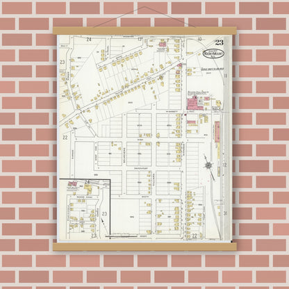 Old map wall art mockup — magnetic wood frame on brick wall — Sanborn Fire Insurance Map from Rocky Mount, Edgecombe And Nash Counties, North Carolina (1917), Sheet #0023