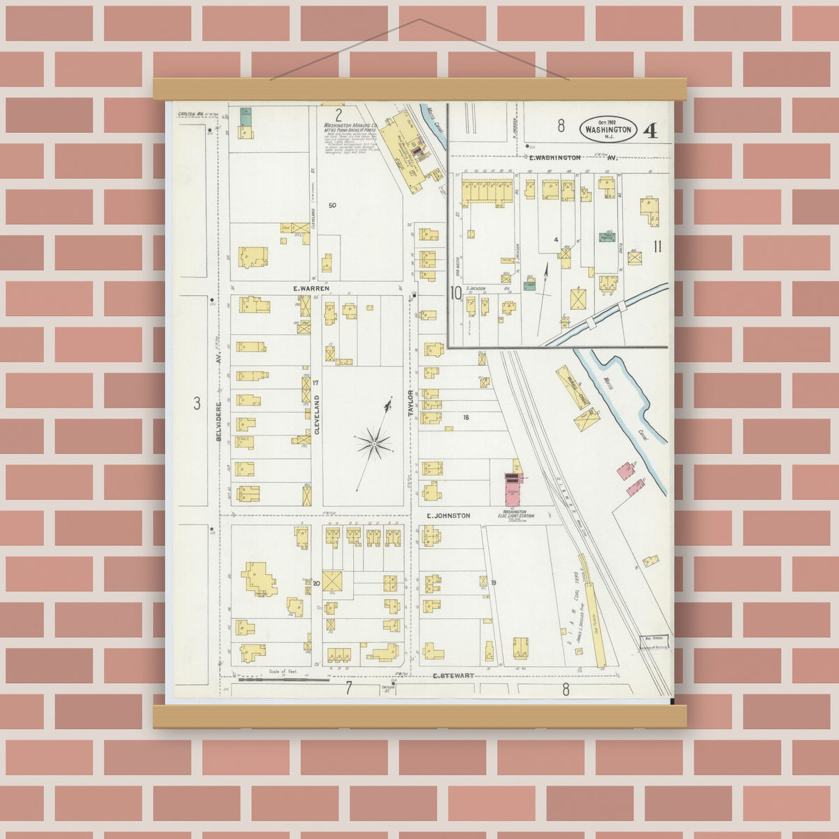 Old map wall art mockup — magnetic wood frame on brick wall — Sanborn Fire Insurance Map from Washington, Warren County, New Jersey (1902), Sheet #0004