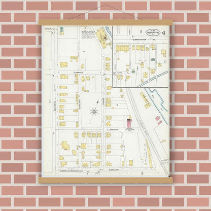 Old map wall art mockup — magnetic wood frame on brick wall — Sanborn Fire Insurance Map from Washington, Warren County, New Jersey (1902), Sheet #0004