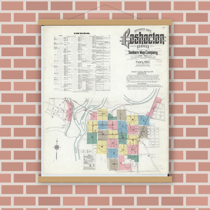 Old map wall art mockup — magnetic wood frame on brick wall — Sanborn Fire Insurance Map from Coshocton, Coshocton County, Ohio (1912) - Complete Map Set