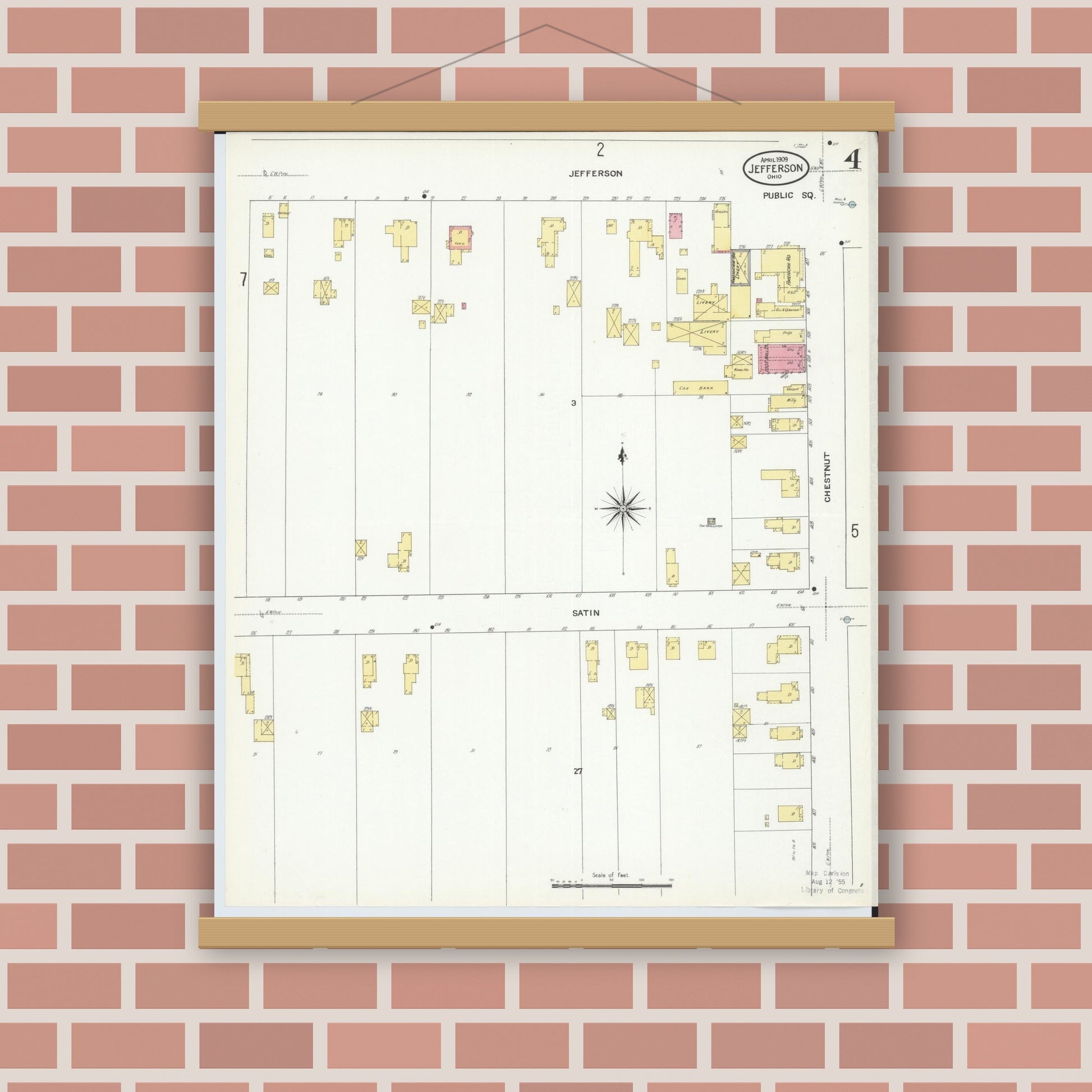 Old map wall art mockup — magnetic wood frame on brick wall — Sanborn Fire Insurance Map from Jefferson, Ashtabula County, Ohio (1909), Sheet #0004