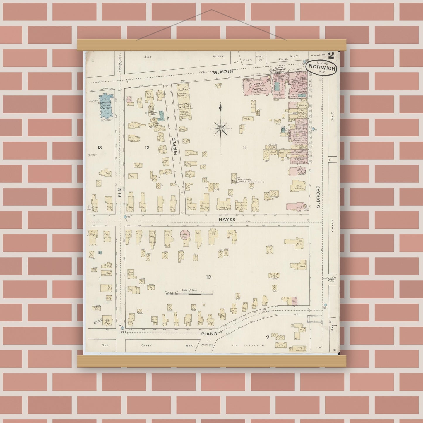 Old map wall art mockup — magnetic wood frame on brick wall — Sanborn Fire Insurance Map from Norwich, Chenango County, New York (1887) - Complete Map Set