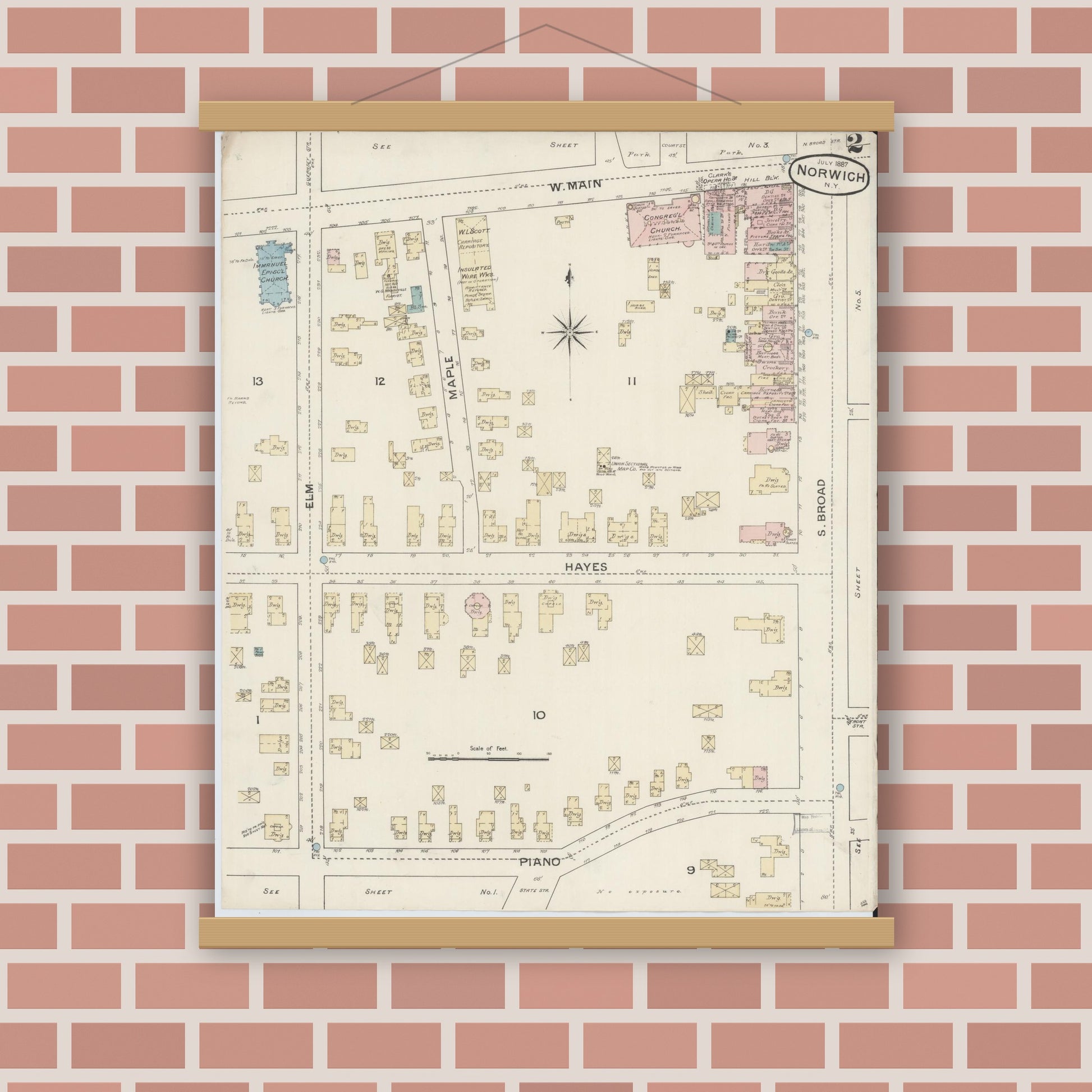 Old map wall art mockup — magnetic wood frame on brick wall — Sanborn Fire Insurance Map from Norwich, Chenango County, New York (1887) - Complete Map Set