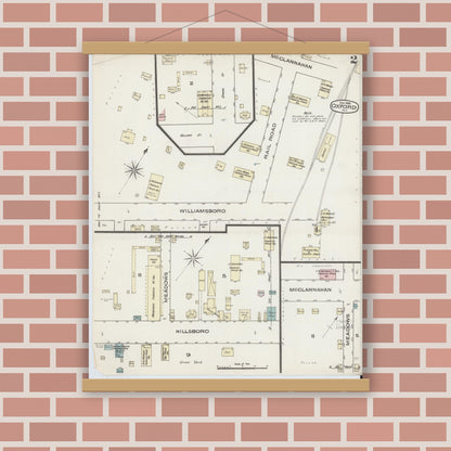 Old map wall art mockup — magnetic wood frame on brick wall — Sanborn Fire Insurance Map from Oxford, Granville County, North Carolina (1885), Sheet #0002