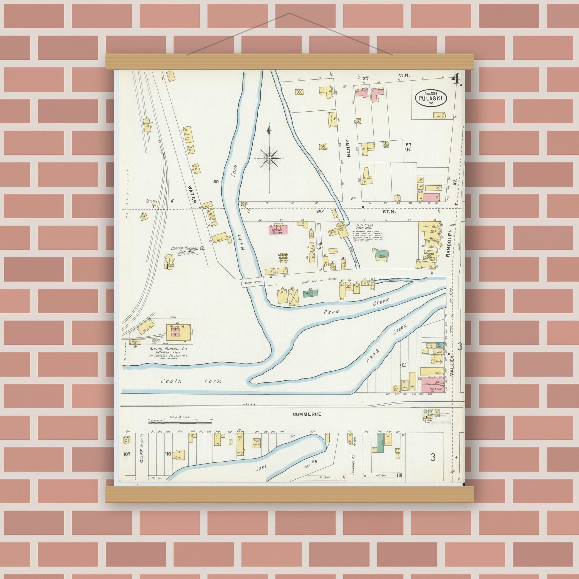 Old map wall art mockup — magnetic wood frame on brick wall — Sanborn Fire Insurance Map from Pulaski, Pulaski County, Virginia (1898), Sheet #0004