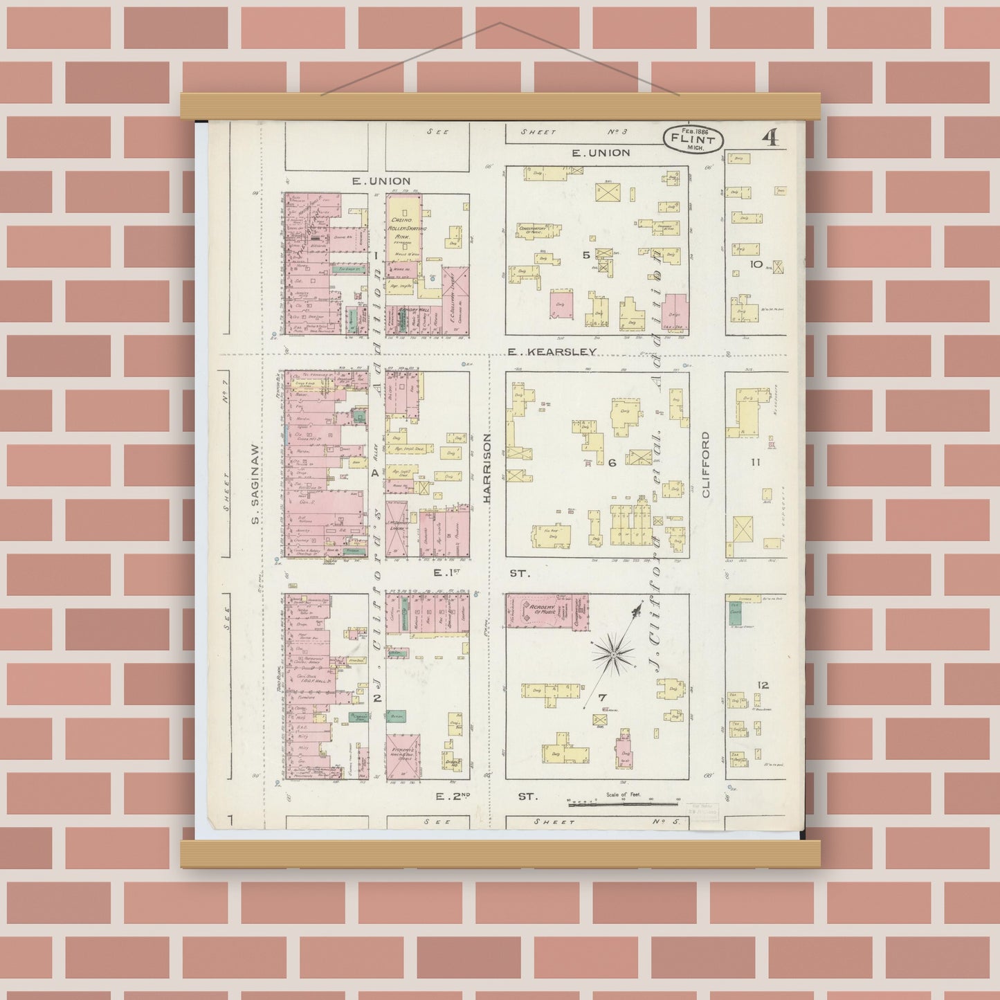 Old map wall art mockup — magnetic wood frame on brick wall — Sanborn Fire Insurance Map from Flint, Genesee County, Michigan (1886), Sheet #0004
