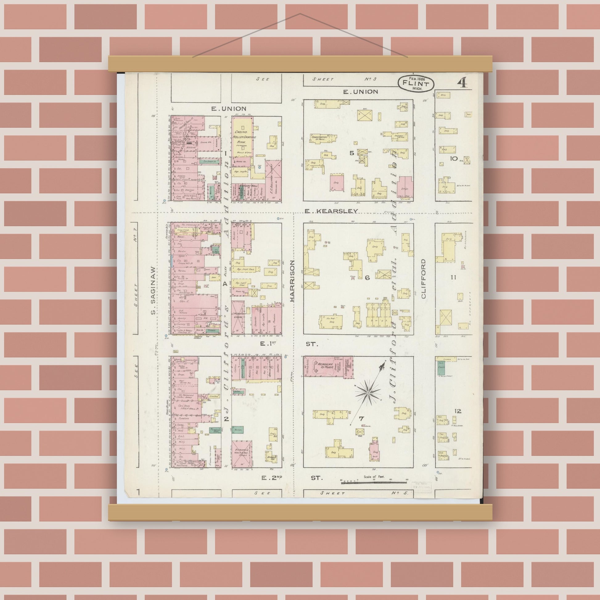 Old map wall art mockup — magnetic wood frame on brick wall — Sanborn Fire Insurance Map from Flint, Genesee County, Michigan (1886), Sheet #0004