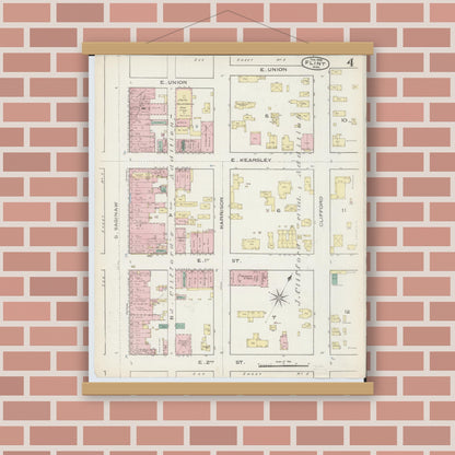 Old map wall art mockup — magnetic wood frame on brick wall — Sanborn Fire Insurance Map from Flint, Genesee County, Michigan (1886), Sheet #0004