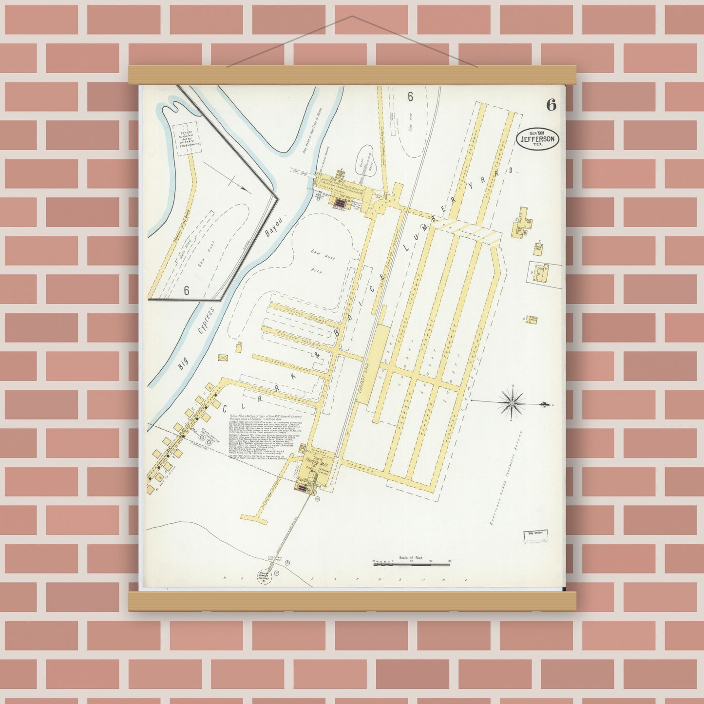 Old map wall art mockup — magnetic wood frame on brick wall — Sanborn Fire Insurance Map from Jefferson, Marion County, Texas (1901), Sheet #0006