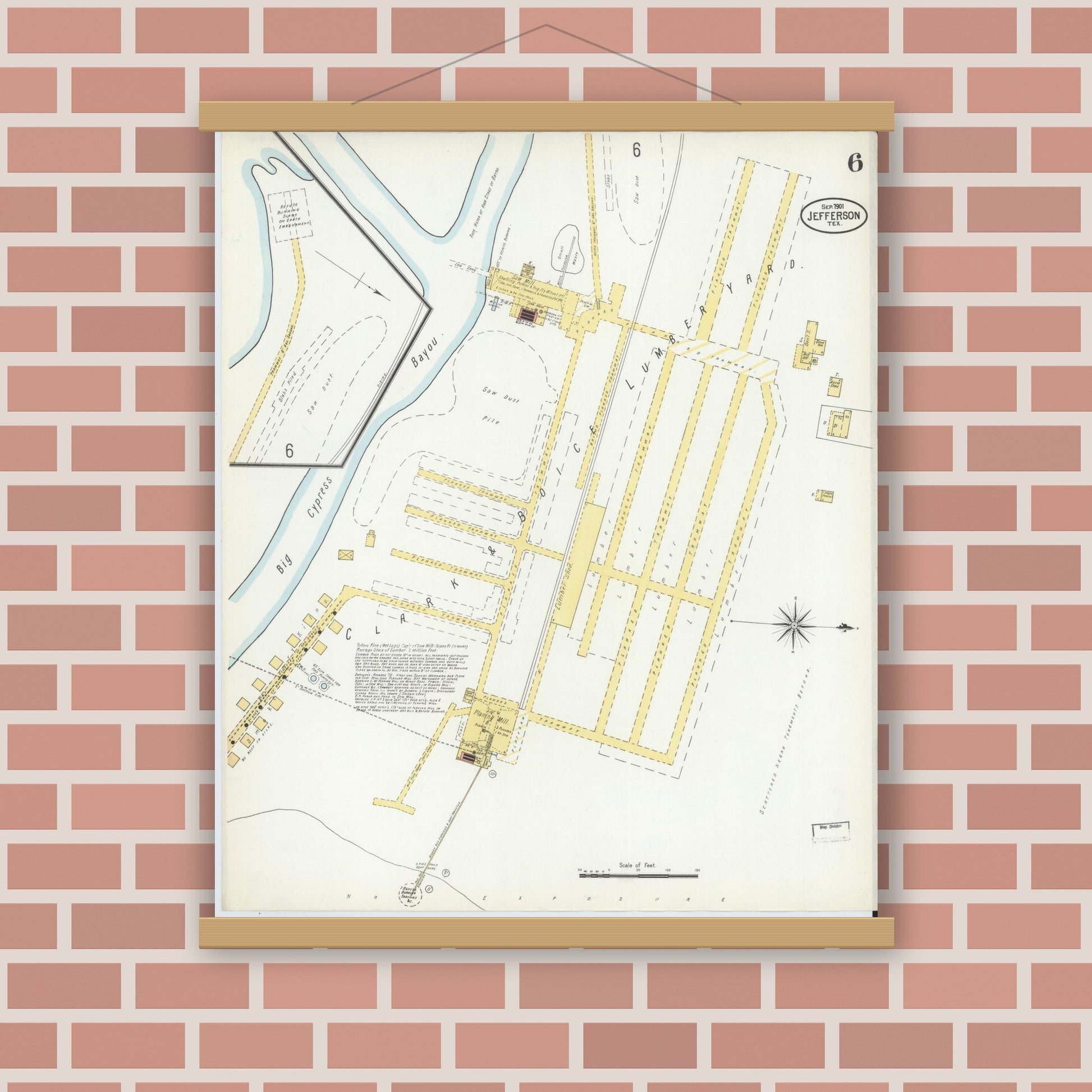 Old map wall art mockup — magnetic wood frame on brick wall — Sanborn Fire Insurance Map from Jefferson, Marion County, Texas (1901), Sheet #0006