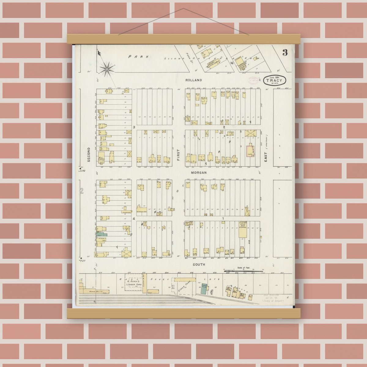 Old map wall art mockup — magnetic wood frame on brick wall — Sanborn Fire Insurance Map from Tracy, Lyon County, Minnesota (1894), Sheet #0003