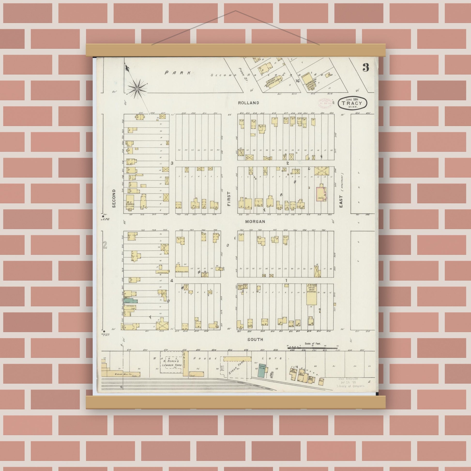 Old map wall art mockup — magnetic wood frame on brick wall — Sanborn Fire Insurance Map from Tracy, Lyon County, Minnesota (1894), Sheet #0003