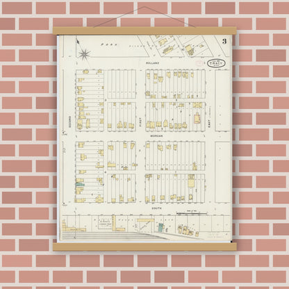 Old map wall art mockup — magnetic wood frame on brick wall — Sanborn Fire Insurance Map from Tracy, Lyon County, Minnesota (1894), Sheet #0003