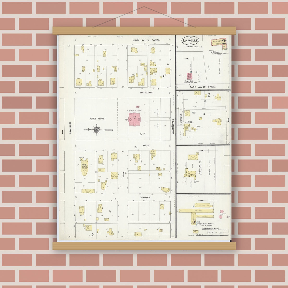Old map wall art mockup — magnetic wood frame on brick wall — Sanborn Fire Insurance Map from La Moille, Bureau County, Illinois (1913), Sheet #0002