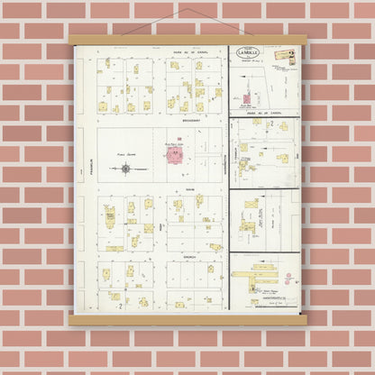 Old map wall art mockup — magnetic wood frame on brick wall — Sanborn Fire Insurance Map from La Moille, Bureau County, Illinois (1913), Sheet #0002