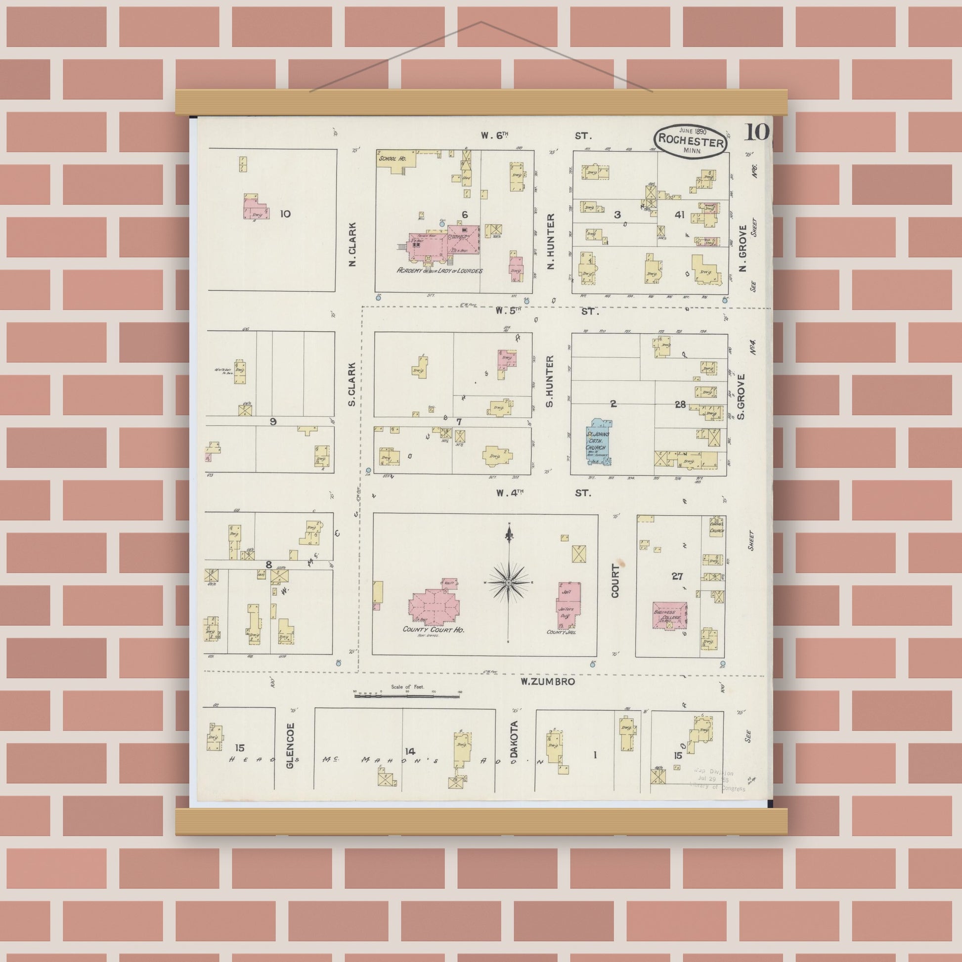 Old map wall art mockup — magnetic wood frame on brick wall — Sanborn Fire Insurance Map from Rochester, Olmsted County, Minnesota (1890), Sheet #0010