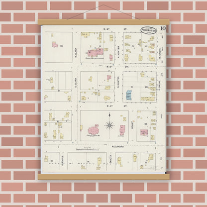 Old map wall art mockup — magnetic wood frame on brick wall — Sanborn Fire Insurance Map from Rochester, Olmsted County, Minnesota (1890), Sheet #0010