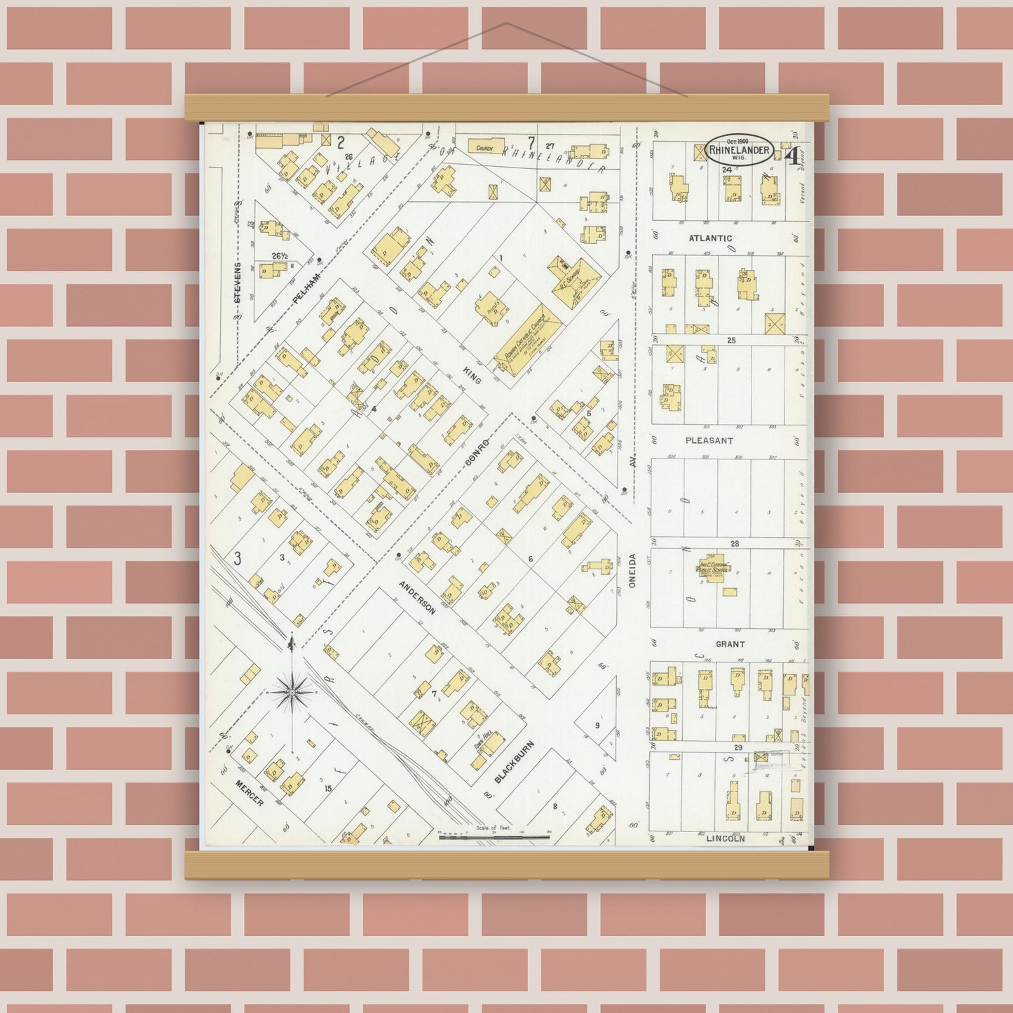 Old map wall art mockup — magnetic wood frame on brick wall — Sanborn Fire Insurance Map from Rhinelander, Oneida County, Wisconsin (1900), Sheet #0004