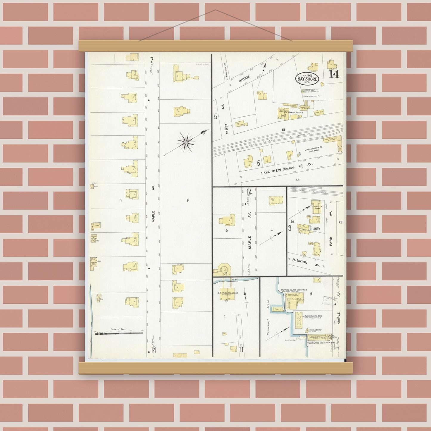 Old map wall art mockup — magnetic wood frame on brick wall — Sanborn Fire Insurance Map from Bay Shore, Suffolk County, New York (1909), Sheet #0014