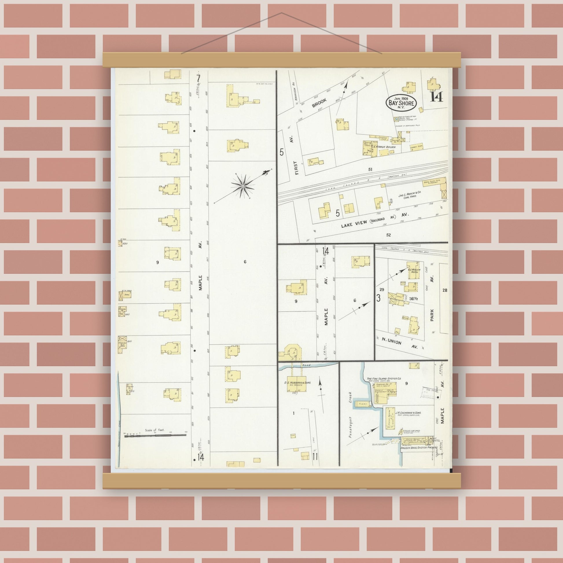 Old map wall art mockup — magnetic wood frame on brick wall — Sanborn Fire Insurance Map from Bay Shore, Suffolk County, New York (1909), Sheet #0014