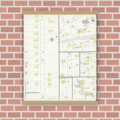 Old map wall art mockup — magnetic wood frame on brick wall — Sanborn Fire Insurance Map from Bay Shore, Suffolk County, New York (1909), Sheet #0014