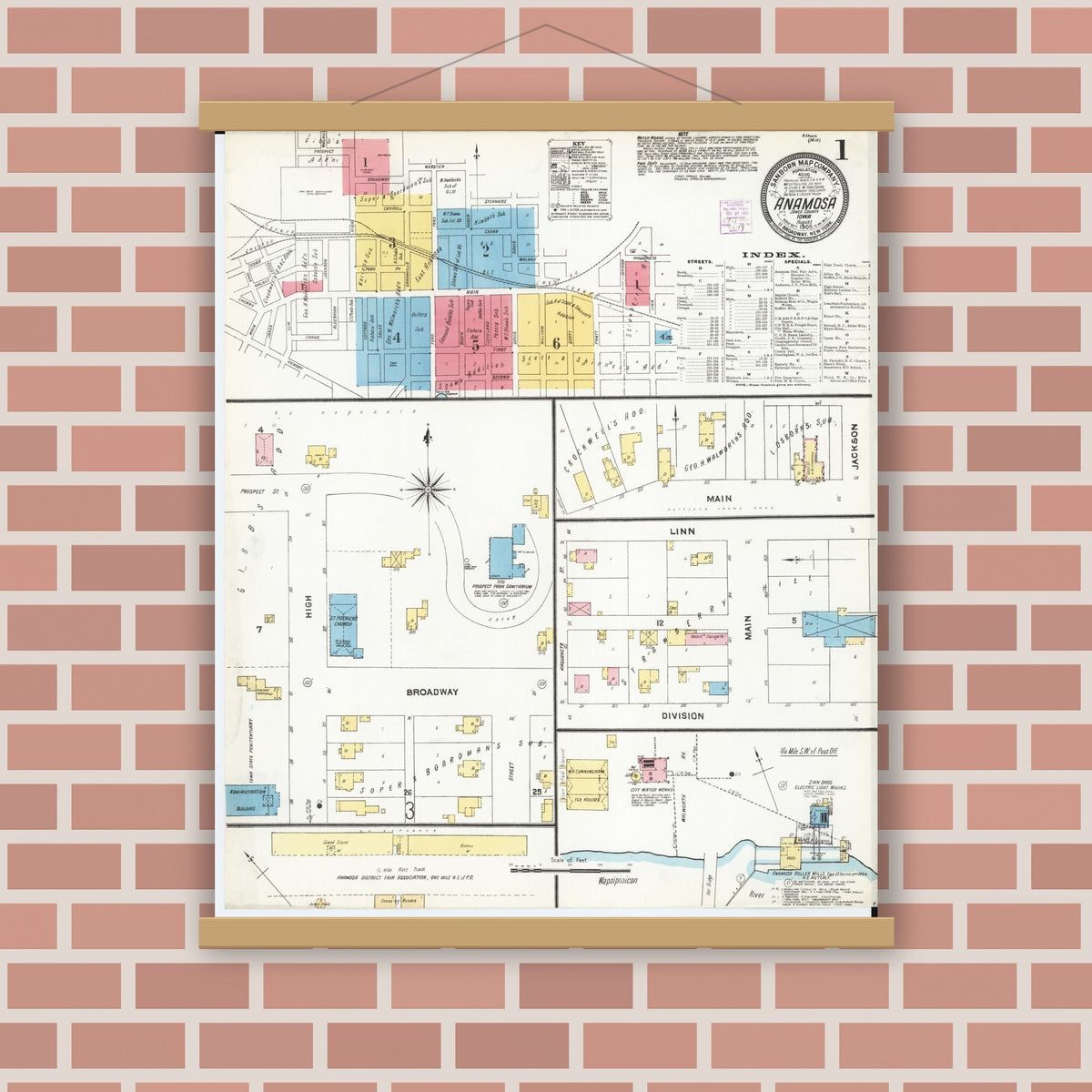 Old map wall art mockup — magnetic wood frame on brick wall — Sanborn Fire Insurance Map from Anamosa, Jones County, Iowa (1905) â€” Complete Set