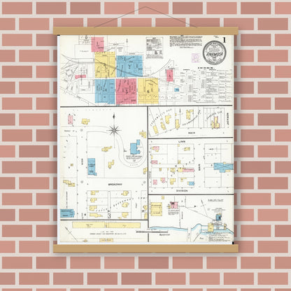 Old map wall art mockup — magnetic wood frame on brick wall — Sanborn Fire Insurance Map from Anamosa, Jones County, Iowa (1905) â€” Complete Set
