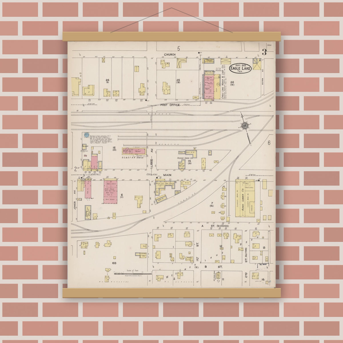 Old map wall art mockup — magnetic wood frame on brick wall — Sanborn Fire Insurance Map from Eagle Lake, Colorado County, Texas (1922), Sheet #0003