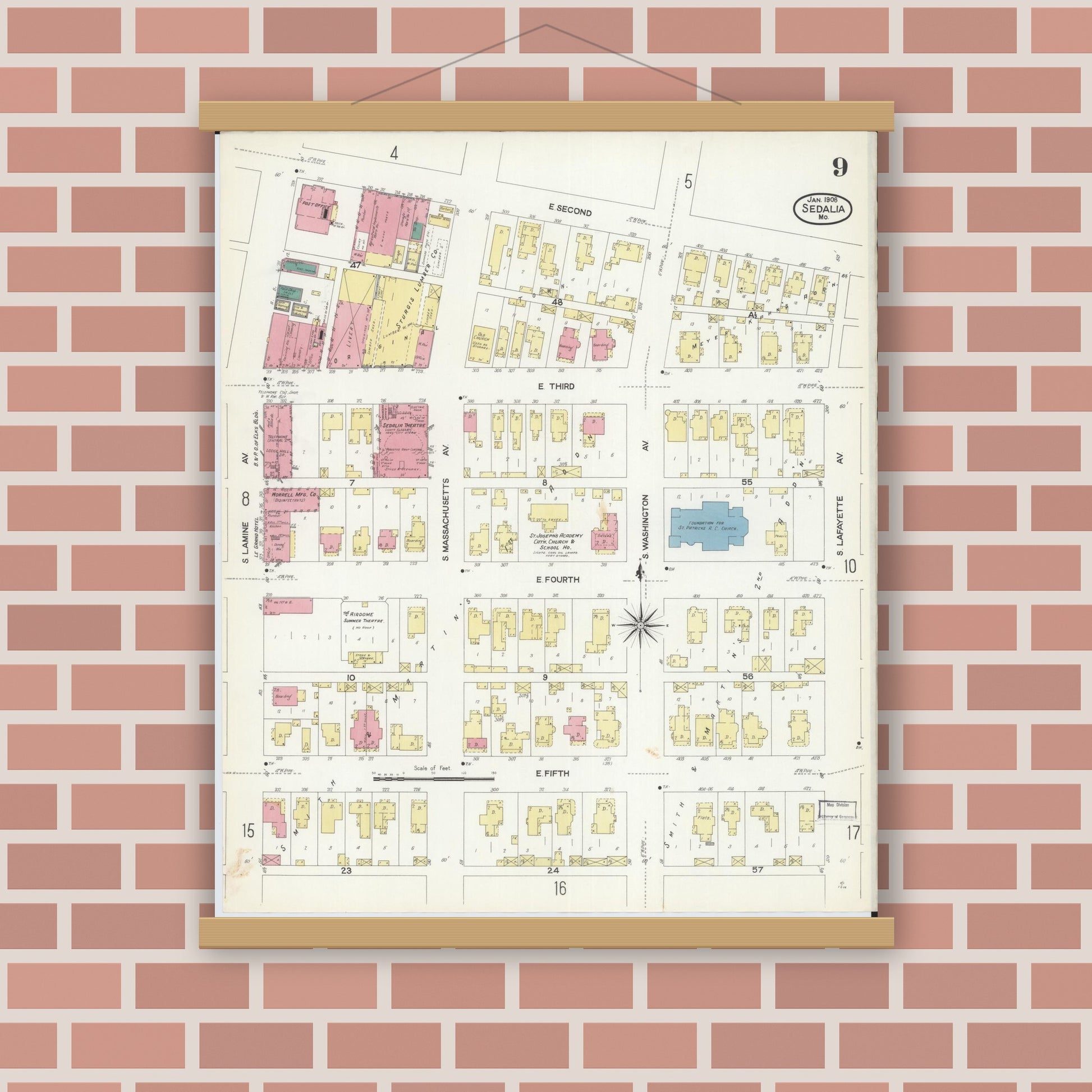 Old map wall art mockup — magnetic wood frame on brick wall — Sanborn Fire Insurance Map from Sedalia, Pettis County, Missouri (1908), Sheet #0009