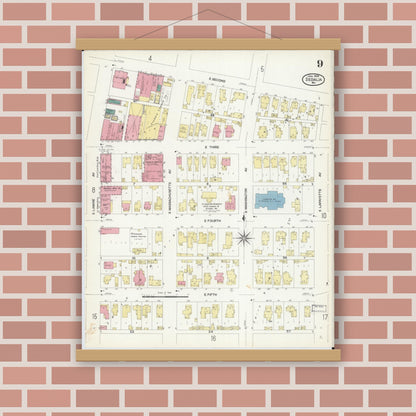 Old map wall art mockup — magnetic wood frame on brick wall — Sanborn Fire Insurance Map from Sedalia, Pettis County, Missouri (1908), Sheet #0009