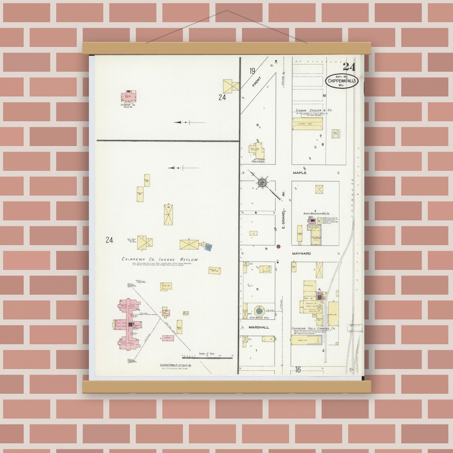 Old map wall art mockup — magnetic wood frame on brick wall — Sanborn Fire Insurance Map from Chippewa Falls, Chippewa County, Wisconsin (1910), Sheet #0024