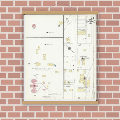 Old map wall art mockup — magnetic wood frame on brick wall — Sanborn Fire Insurance Map from Chippewa Falls, Chippewa County, Wisconsin (1910), Sheet #0024