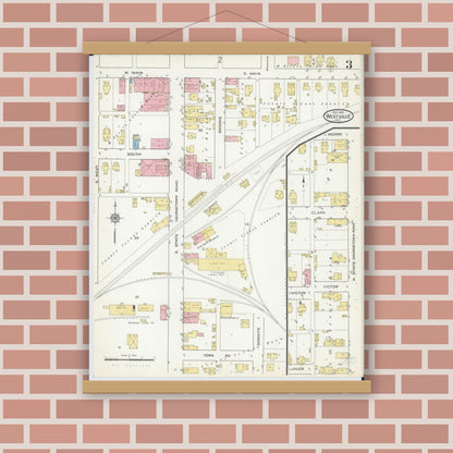 Old map wall art mockup — magnetic wood frame on brick wall — Sanborn Fire Insurance Map from Westville, Vermilion County, Illinois (1915), Sheet #0003
