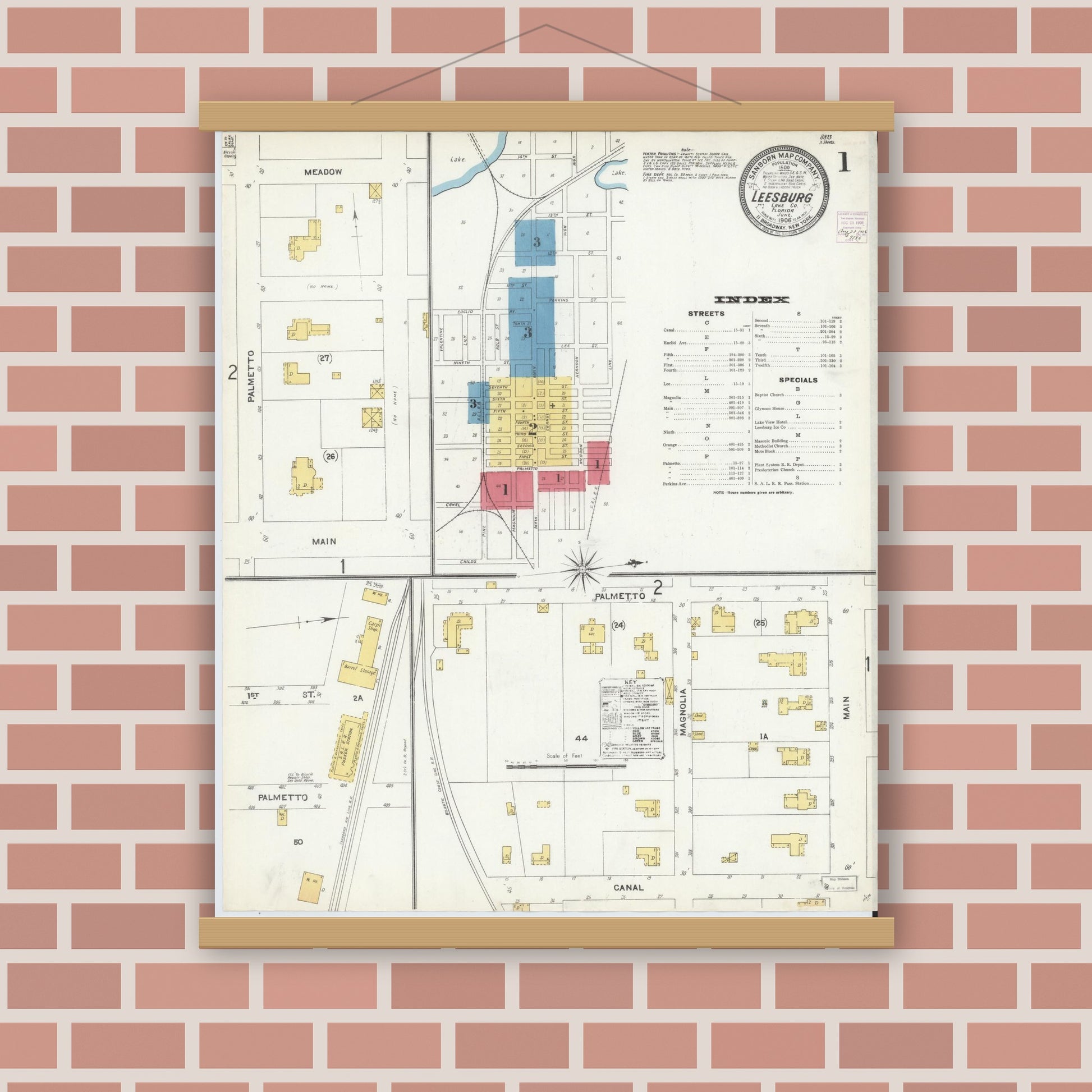 Old map wall art mockup — magnetic wood frame on brick wall — Sanborn Fire Insurance Map from Leesburg, Lake County, Florida (1906), Sheet #0001