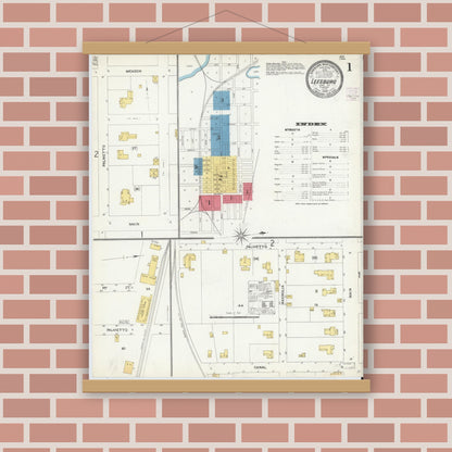 Old map wall art mockup — magnetic wood frame on brick wall — Sanborn Fire Insurance Map from Leesburg, Lake County, Florida (1906), Sheet #0001
