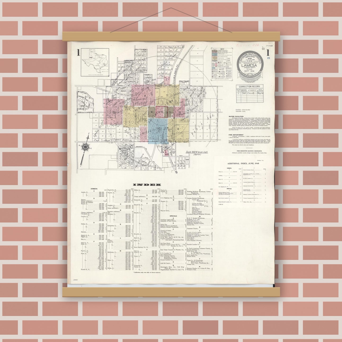 Old map wall art mockup — magnetic wood frame on brick wall — Sanborn Fire Insurance Map from Lamesa, Dawson County, Texas (1948) - Complete Map Set