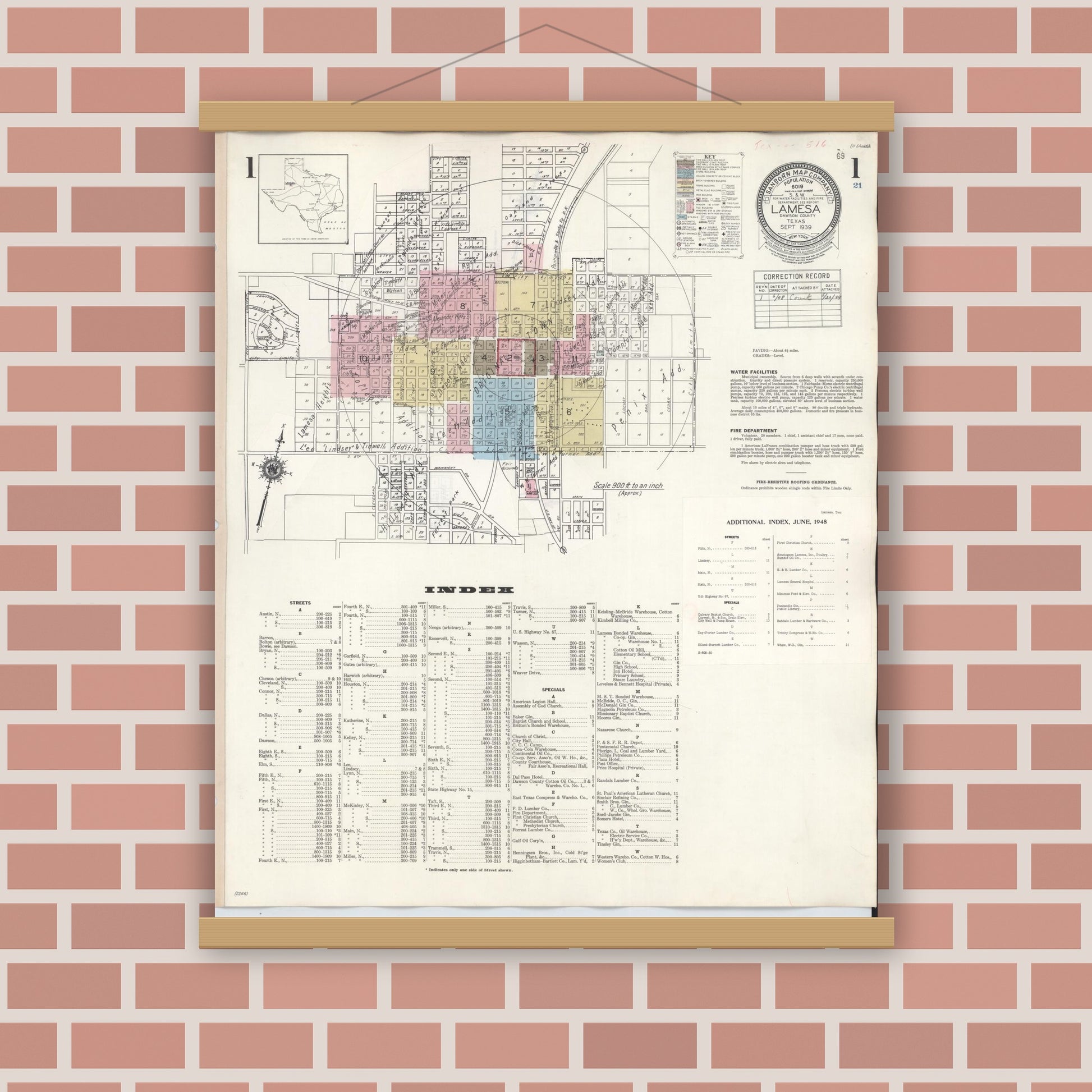 Old map wall art mockup — magnetic wood frame on brick wall — Sanborn Fire Insurance Map from Lamesa, Dawson County, Texas (1948) - Complete Map Set