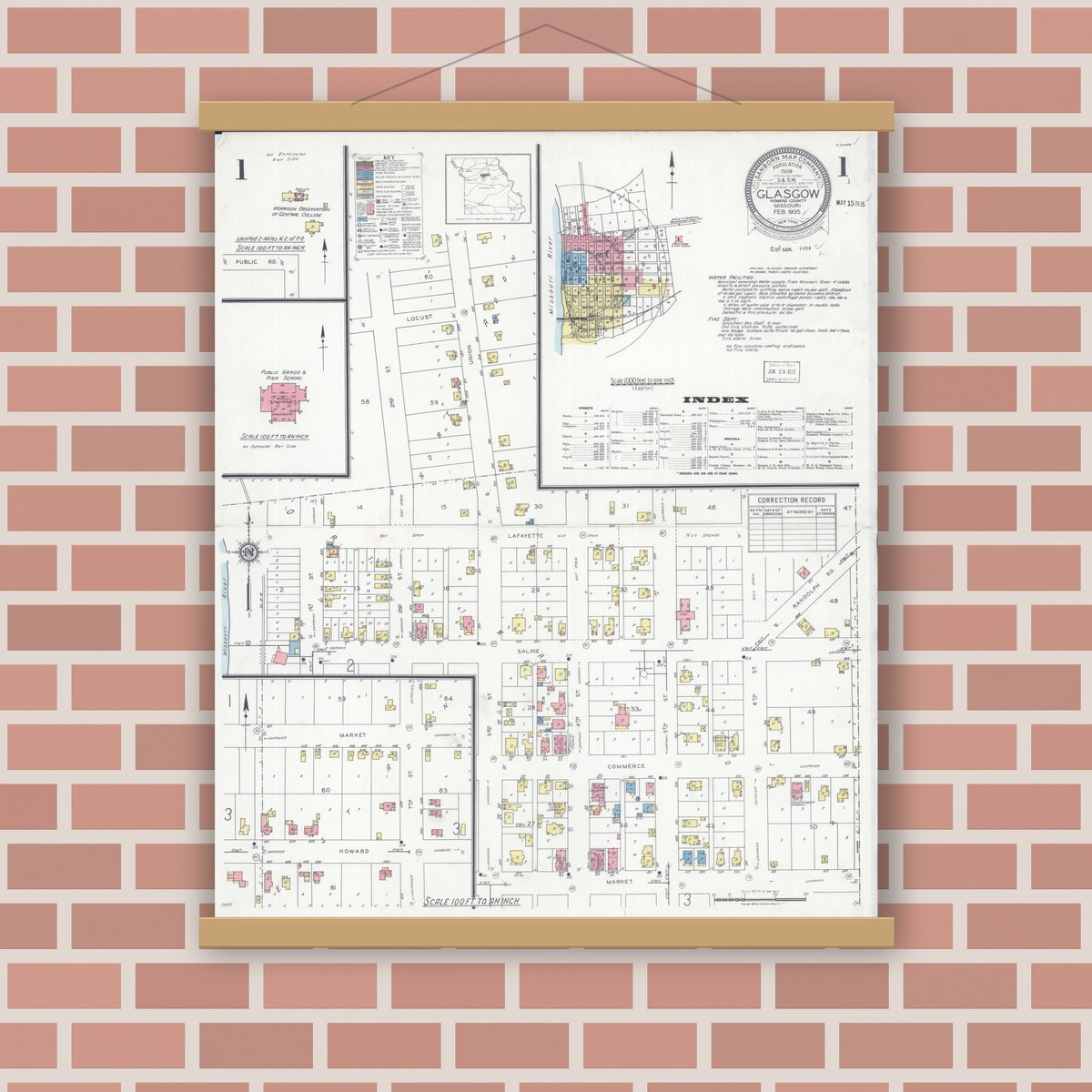 Old map wall art mockup — magnetic wood frame on brick wall — Sanborn Fire Insurance Map from Glasgow, Howard County, Missouri (1935), Sheet #0001
