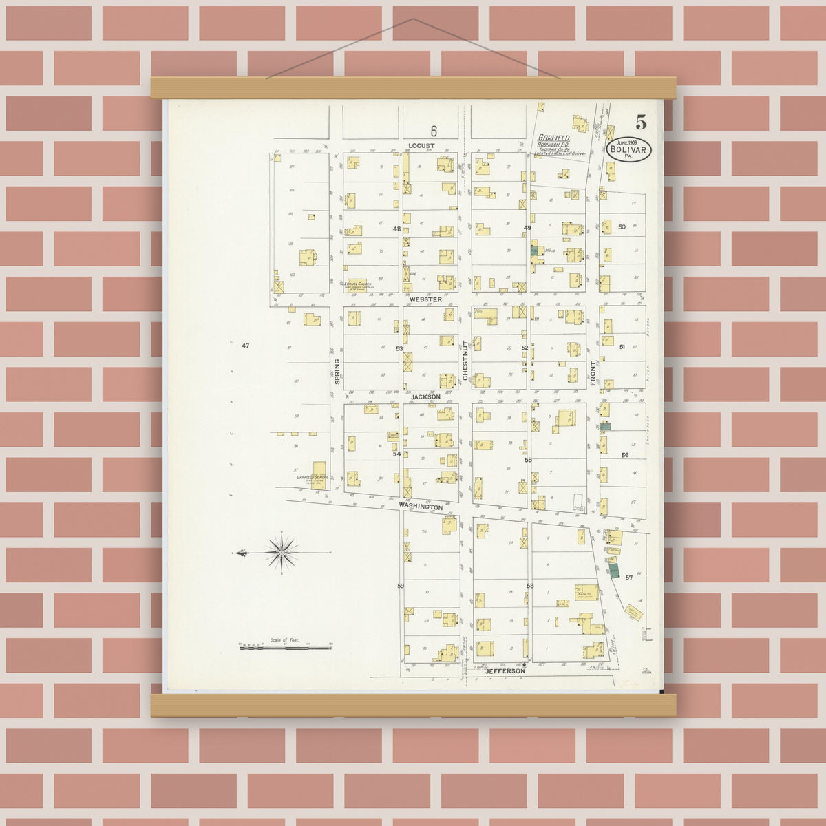 Old map wall art mockup — magnetic wood frame on brick wall — Sanborn Fire Insurance Map from Bolivar, Westmoreland County, Pennsylvania (1909), Sheet #0005