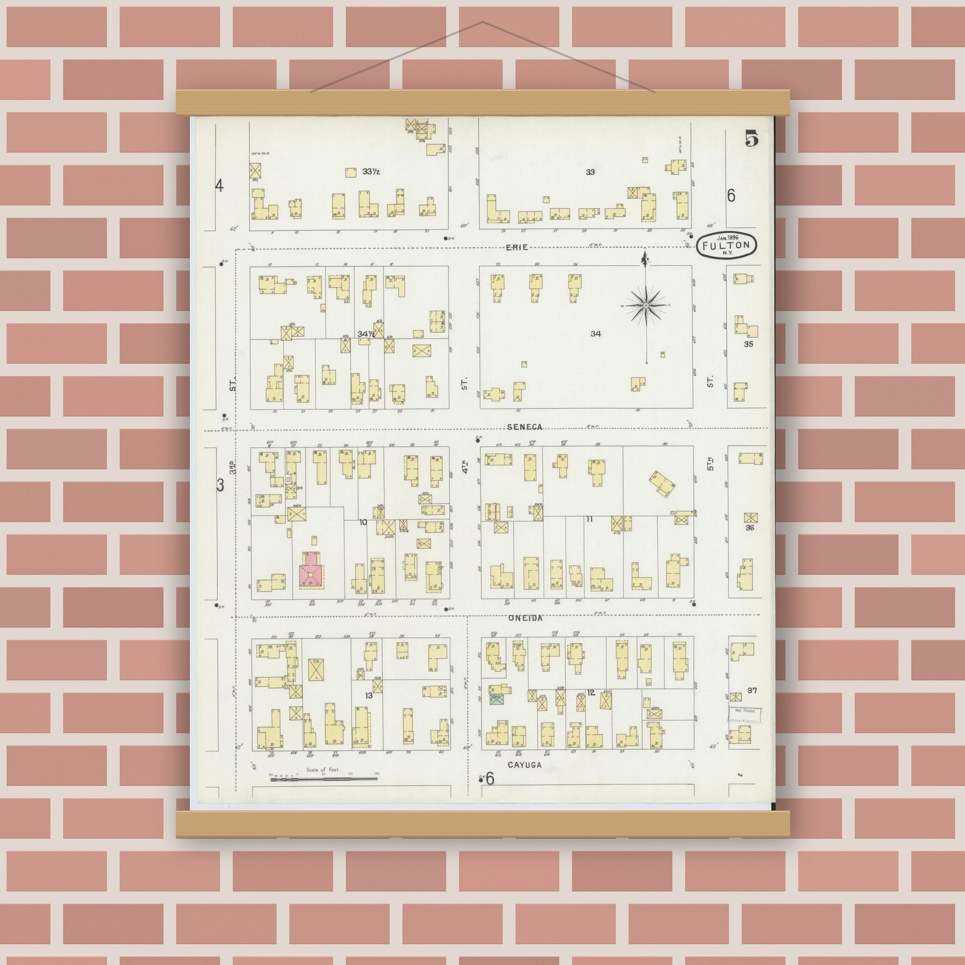 Old map wall art mockup — magnetic wood frame on brick wall — Sanborn Fire Insurance Map from Fulton, Oswego County, New York (1896), Sheet #0005