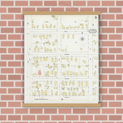 Old map wall art mockup — magnetic wood frame on brick wall — Sanborn Fire Insurance Map from Fulton, Oswego County, New York (1896), Sheet #0005