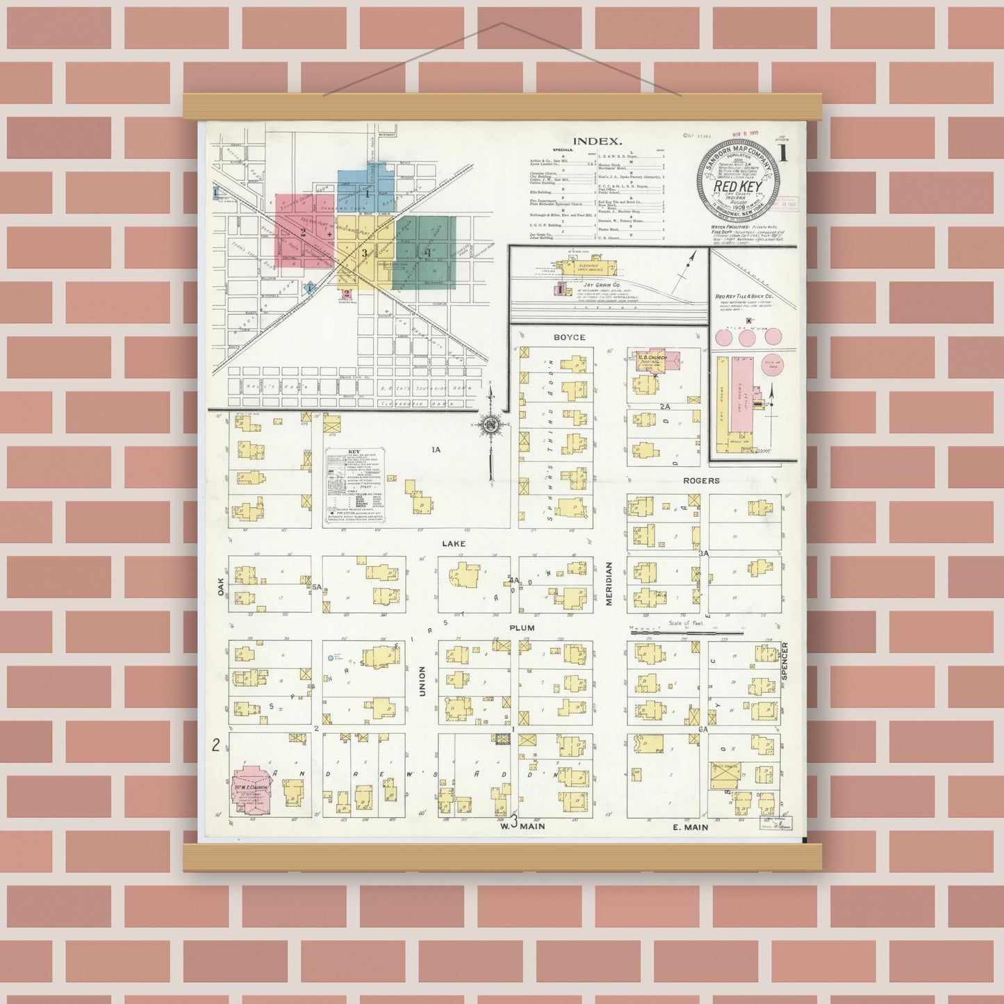 Old map wall art mockup — magnetic wood frame on brick wall — Sanborn Fire Insurance Map from Redkey, Jay County, Indiana (1909), Sheet #0001