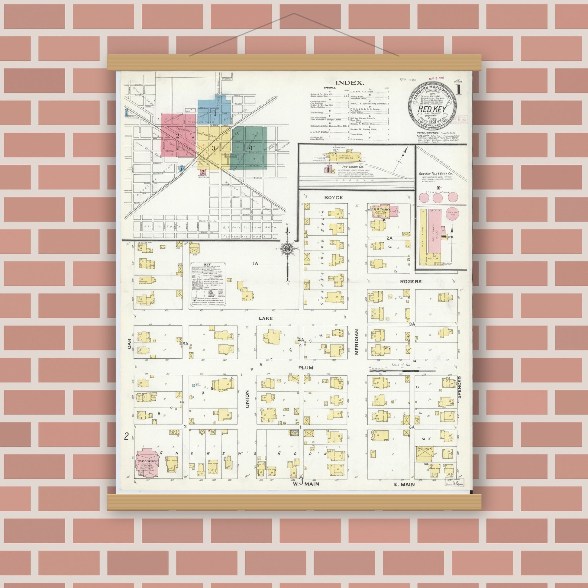 Old map wall art mockup — magnetic wood frame on brick wall — Sanborn Fire Insurance Map from Redkey, Jay County, Indiana (1909), Sheet #0001