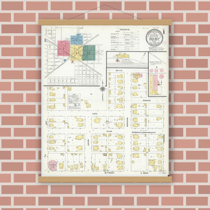Old map wall art mockup — magnetic wood frame on brick wall — Sanborn Fire Insurance Map from Redkey, Jay County, Indiana (1909), Sheet #0001