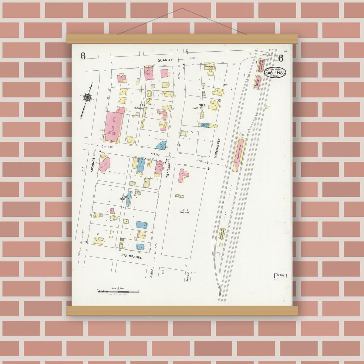Old map wall art mockup — magnetic wood frame on brick wall — Sanborn Fire Insurance Map from Eagle Pass, Maverick County, Texas (1924), Sheet #0006