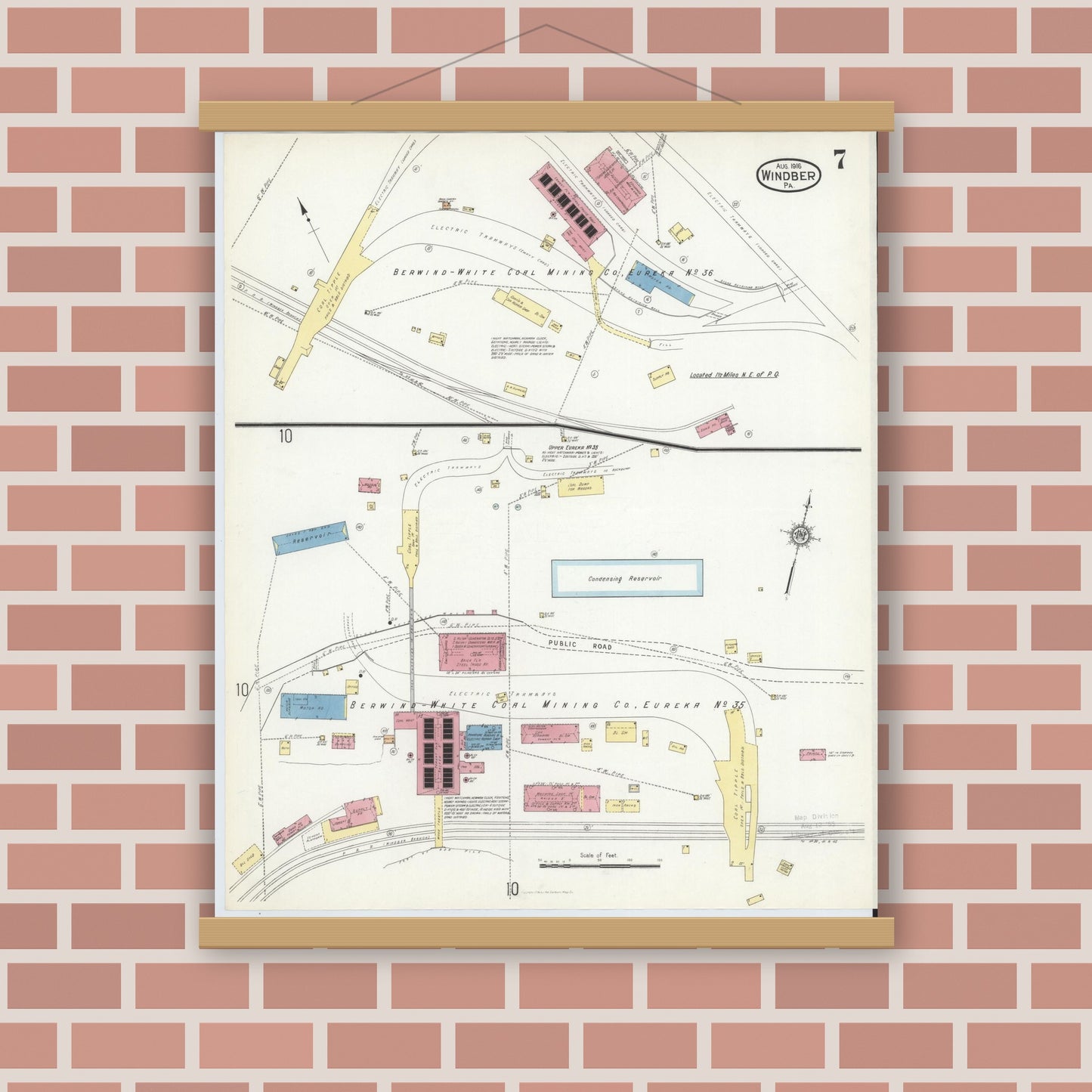 Old map wall art mockup — magnetic wood frame on brick wall — Sanborn Fire Insurance Map from Windber, Somerset County, Pennsylvania (1916), Sheet #0007