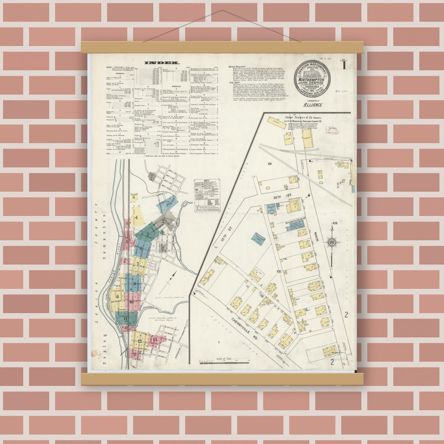 Old map wall art mockup — magnetic wood frame on brick wall — Sanborn Fire Insurance Map from Northampton, Northampton County, Pennsylvania (1911), Sheet #0001